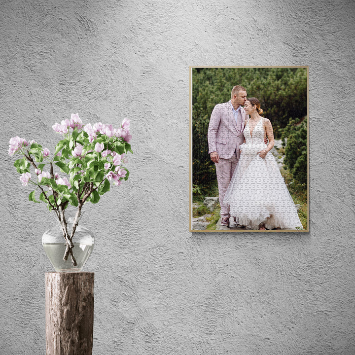 Personalized wedding photo puzzle displayed with a bouquet, perfect for anniversaries and celebrations.