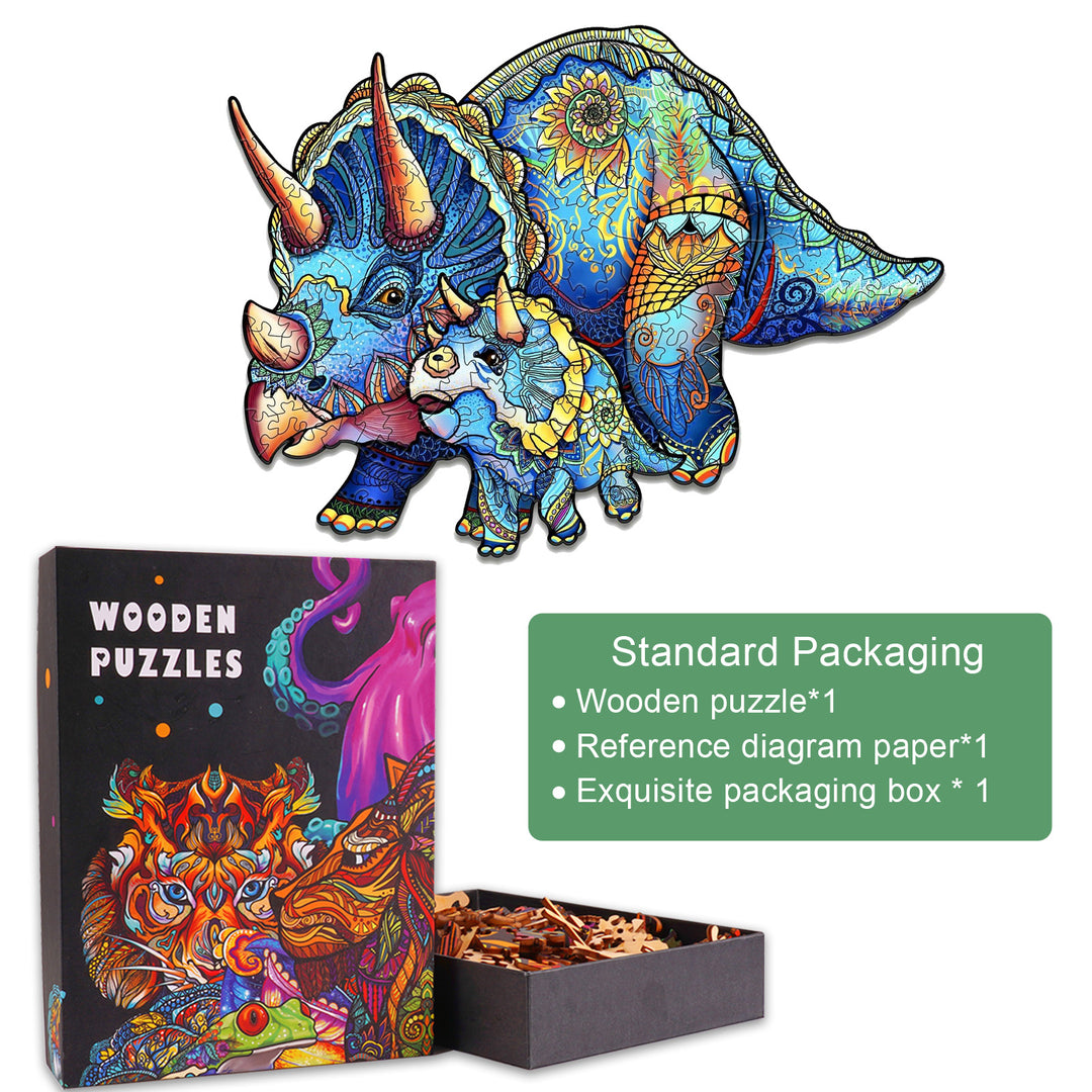 Colorful Triceratops wooden jigsaw puzzle in premium box, ideal gift for adults and children, featuring unique pieces.
