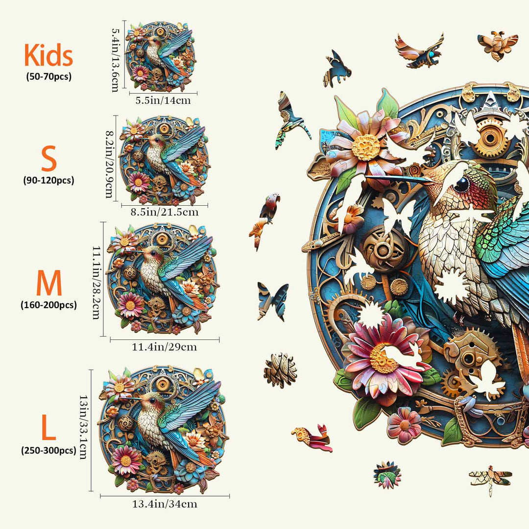 Size guide for Graceful Hummingbird-2 Wooden Jigsaw Puzzle in S, M, and L options, featuring colorful hummingbird design.