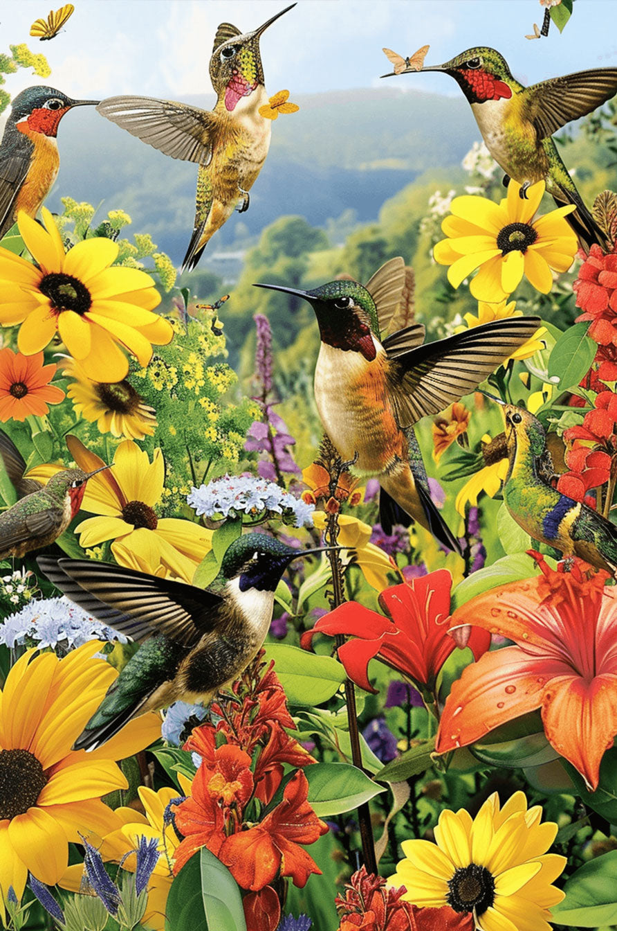 Colorful jigsaw puzzle featuring vibrant hummingbirds among blooming flowers in a picturesque garden.