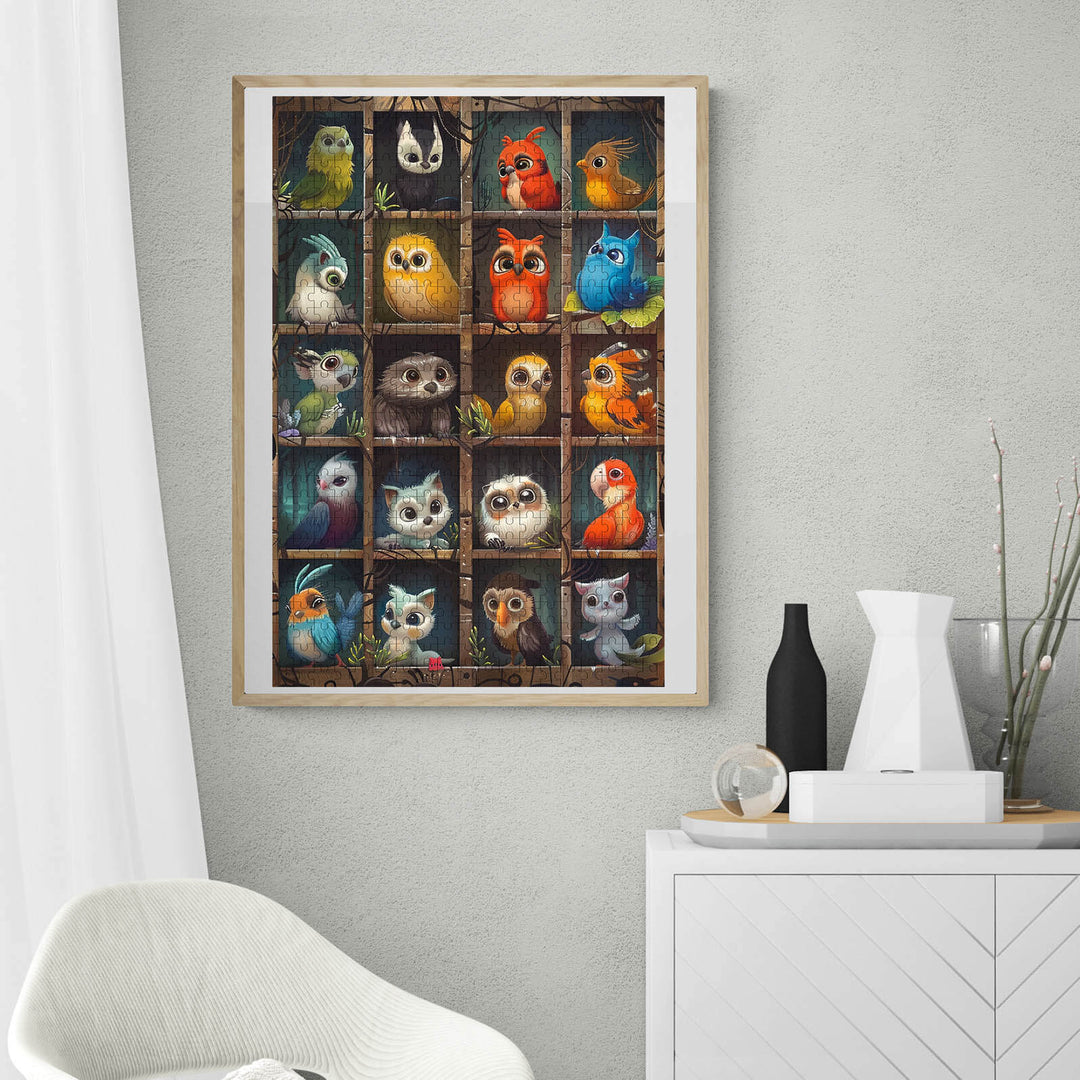 Colorful collection of cute bird illustrations in a puzzle-themed art piece, ideal for jigsaw puzzle lovers.