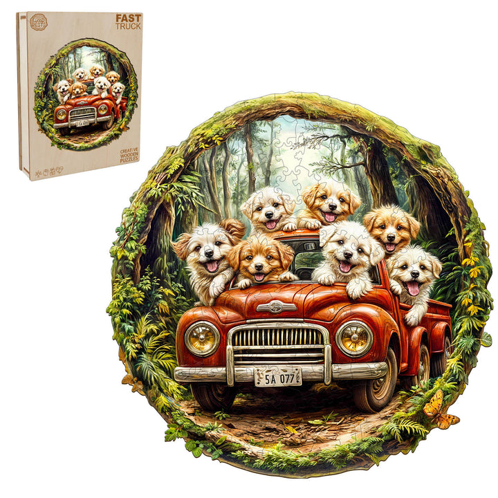 Colorful jigsaw puzzle featuring puppies in a red truck surrounded by lush greenery, perfect for puzzle enthusiasts.