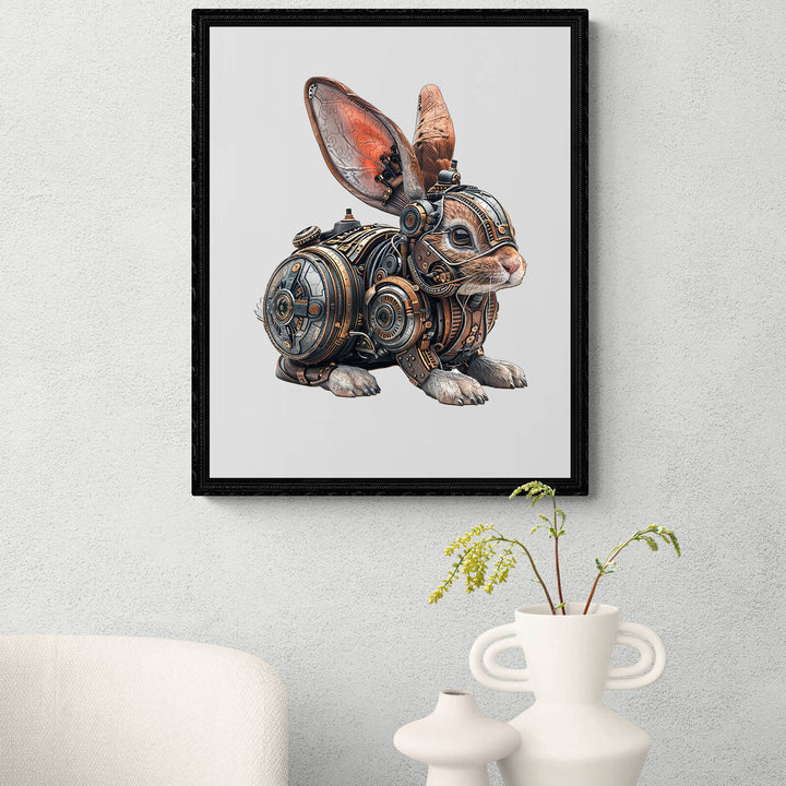 Mechanical rabbit wooden jigsaw puzzle displayed in a stylish room setting, offering a unique mind game experience.