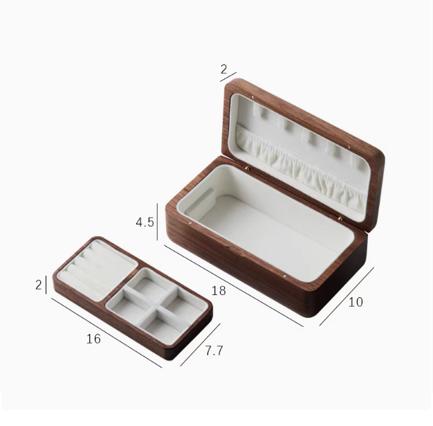 Elegant wooden double-layer jewelry box with ample storage for rings, necklaces, and earrings.