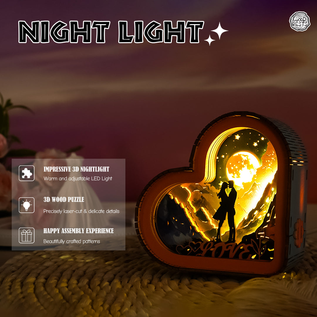 3D wooden puzzle night light in heart shape with warm LED illumination and romantic couple silhouette.
