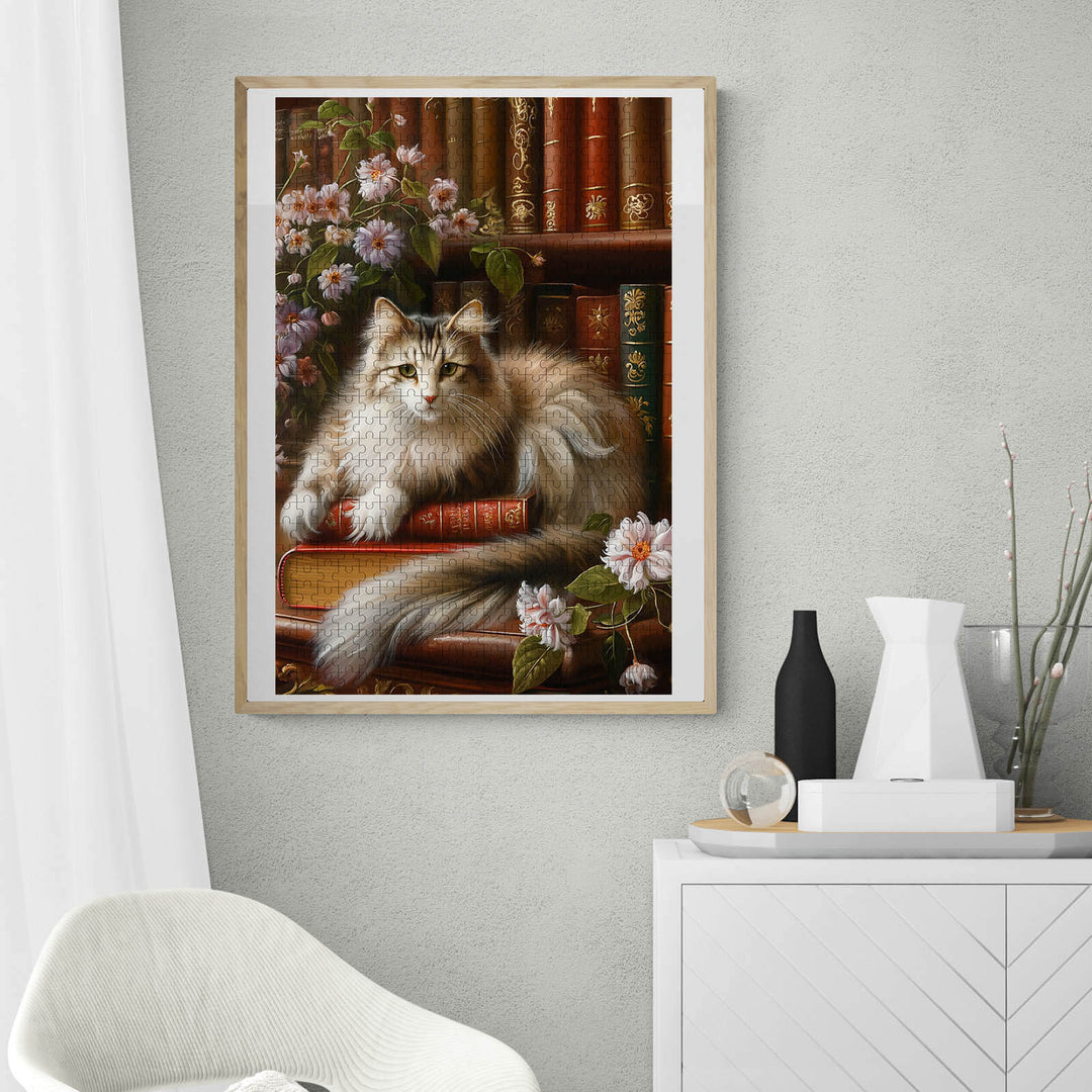 Cat sitting on a bookshelf surrounded by flowers, perfect for puzzle lovers and mind game enthusiasts.