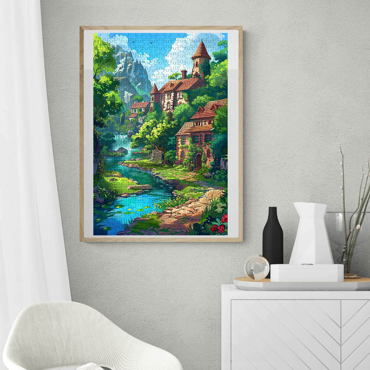 Beautiful countryside puzzle artwork featuring a serene village by a river, perfect for jigsaw puzzle enthusiasts.