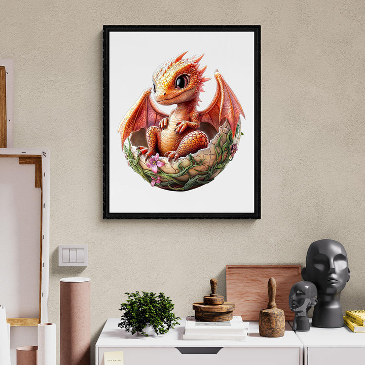 Colorful whimsical dragonet illustration in an egg, perfect for jigsaw puzzle lovers and home decor.
