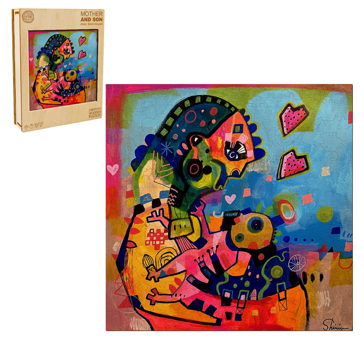 Colorful artwork titled 'Mother and Son' by Shirin Moarefi, featuring vibrant shapes and emotional connection.