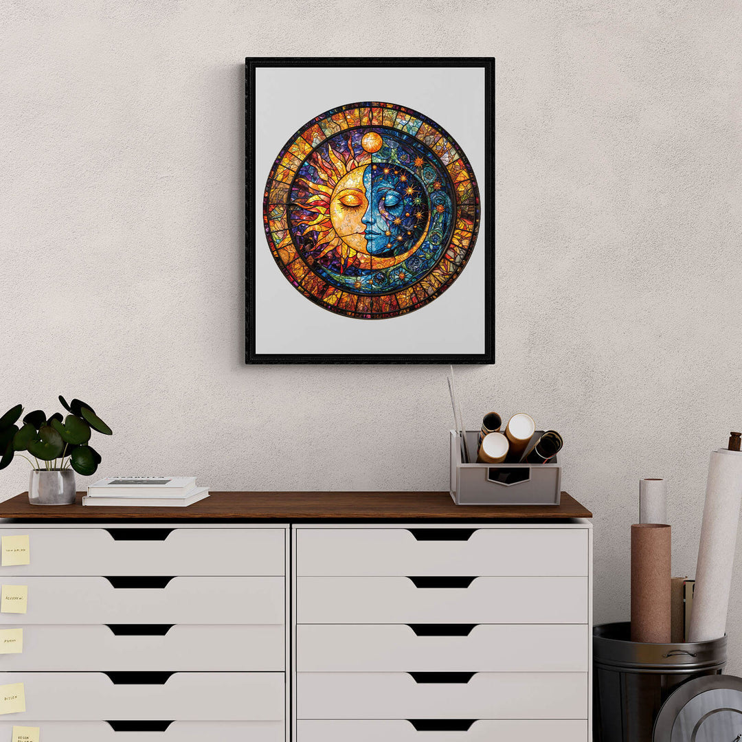 Vibrant Sun and Moon Harmony puzzle art displaying celestial designs, perfect for enhancing focus and creativity in puzzle solving.