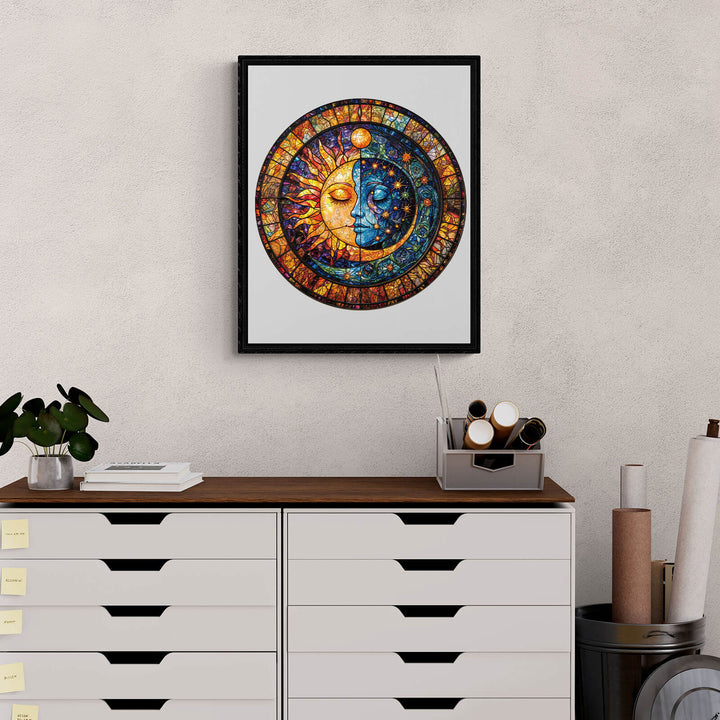 Vibrant Sun and Moon Harmony puzzle art displaying celestial designs, perfect for enhancing focus and creativity in puzzle solving.