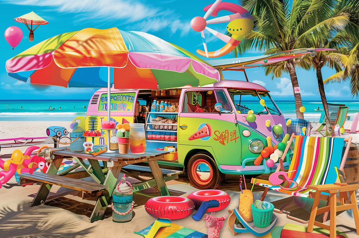 Colorful beach food truck surrounded by fun decor, perfect for a 500/1000 piece jigsaw puzzle experience.