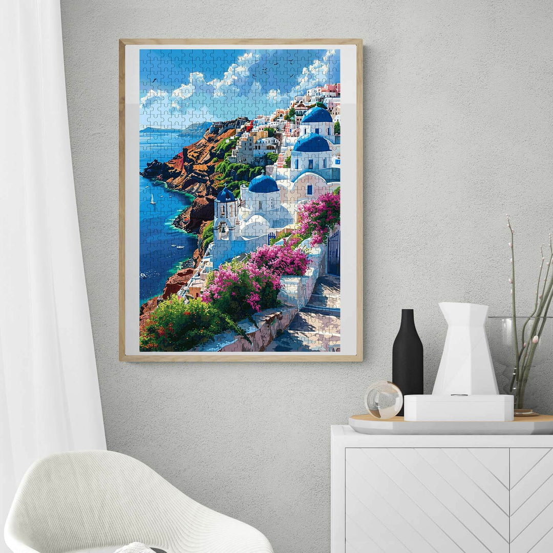 Santorini 500/1000 piece jigsaw puzzle featuring stunning coastal views and white buildings.