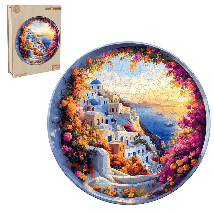 Santorini wooden jigsaw puzzle showcasing vibrant landscapes, designed to enhance focus and cognitive skills.