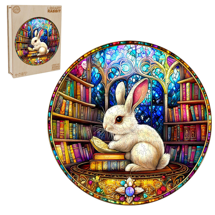 Colorful Library Rabbit wooden jigsaw puzzle featuring a rabbit reading, set in a vibrant library backdrop.