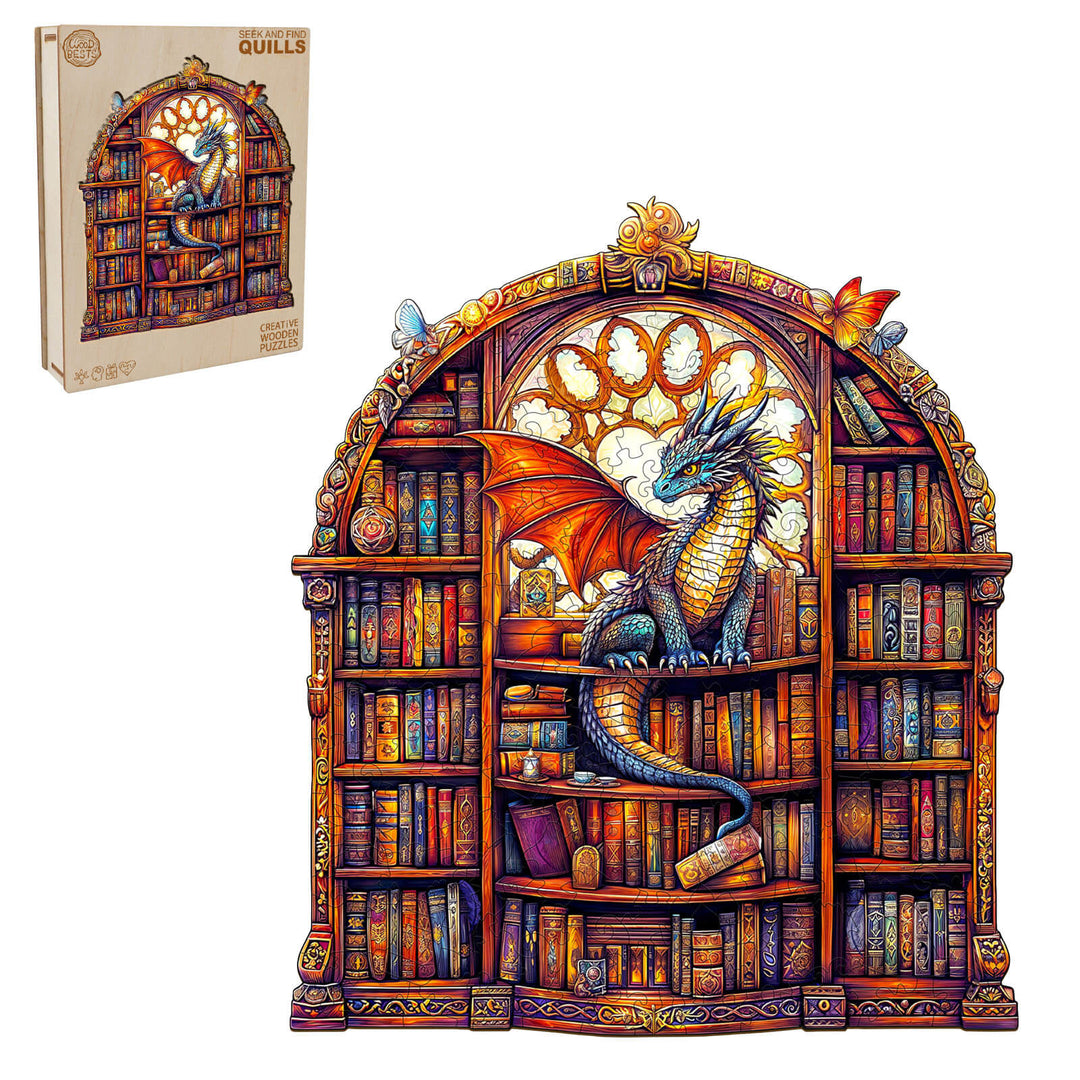 SEEK AND FIND QUILLS wooden jigsaw puzzle depicting a dragon among colorful books in a library setting.
