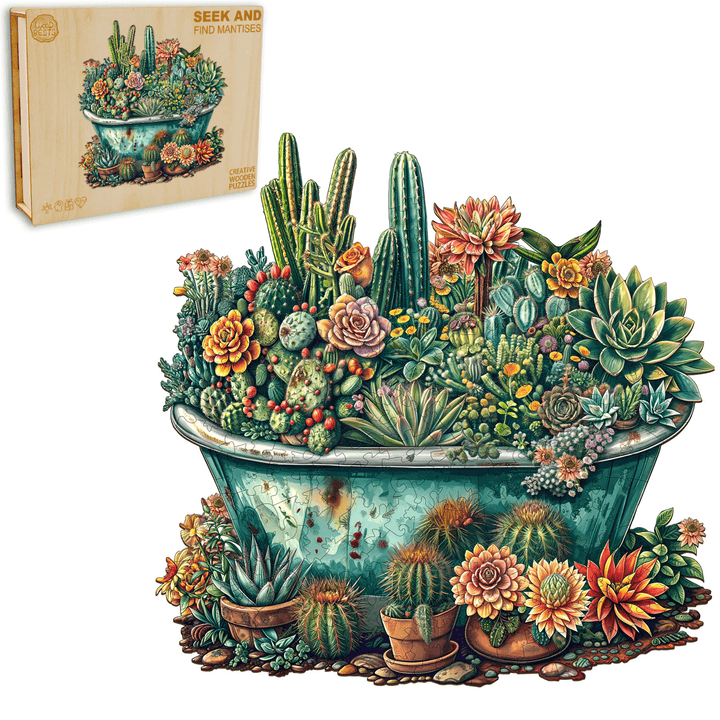 SEEK AND FIND MANTISES wooden jigsaw puzzle featuring a vibrant cactus arrangement in a vintage bathtub.