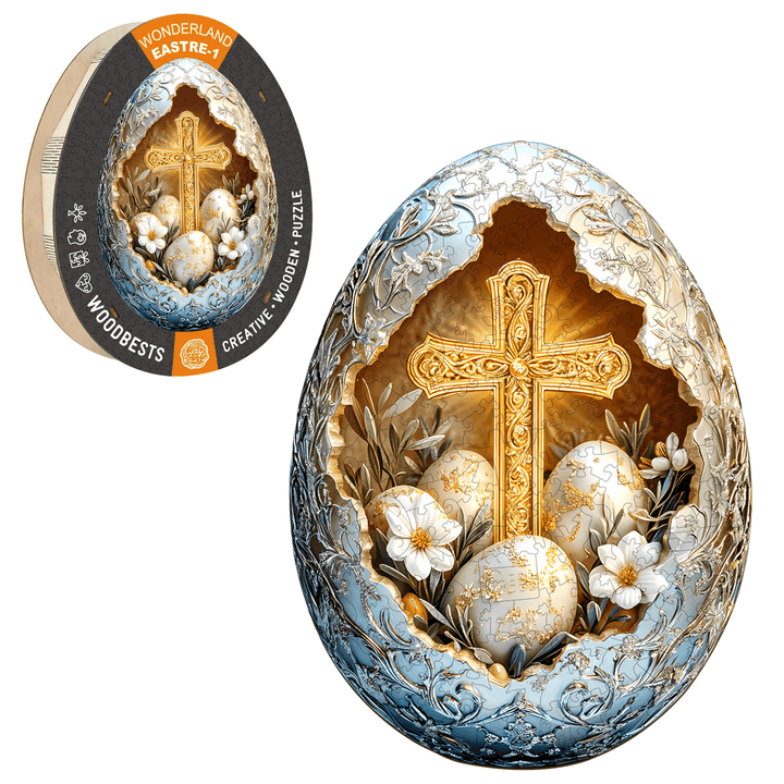 Wonderland Easter-1 wooden jigsaw puzzle featuring an ornate egg design with a cross and decorative flowers.