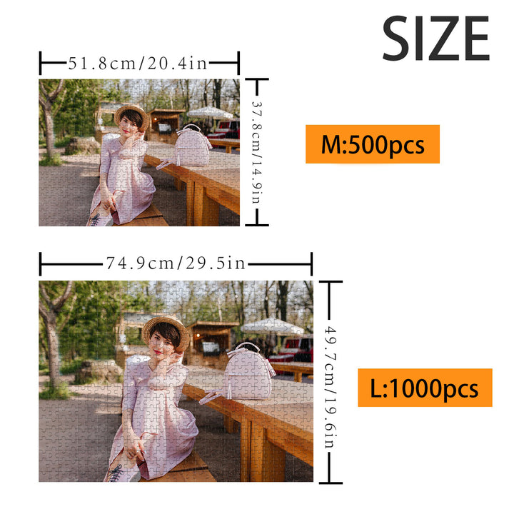 Image showing size options for custom puzzles: 500-piece and 1000-piece layouts.