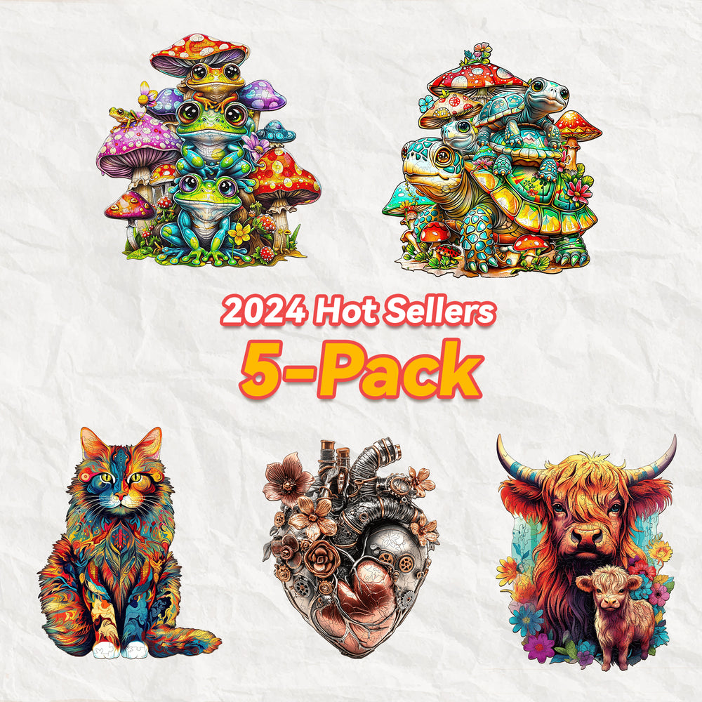 2024 Hot Sellers 5-Pack featuring vibrant art of animals and mushrooms, perfect for collectors and enthusiasts.