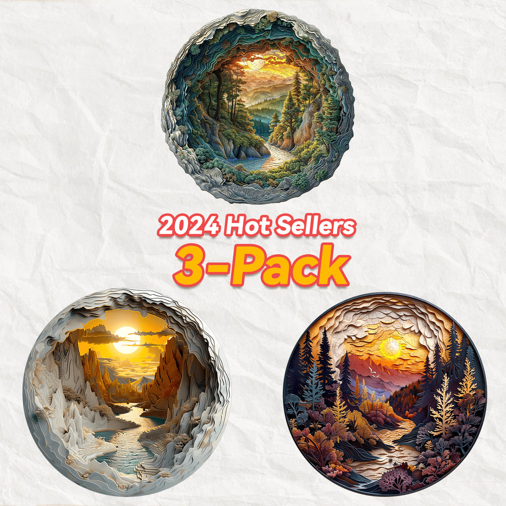 2024 Hot Sellers 3-Pack featuring three beautiful landscapes in circular paper art design.