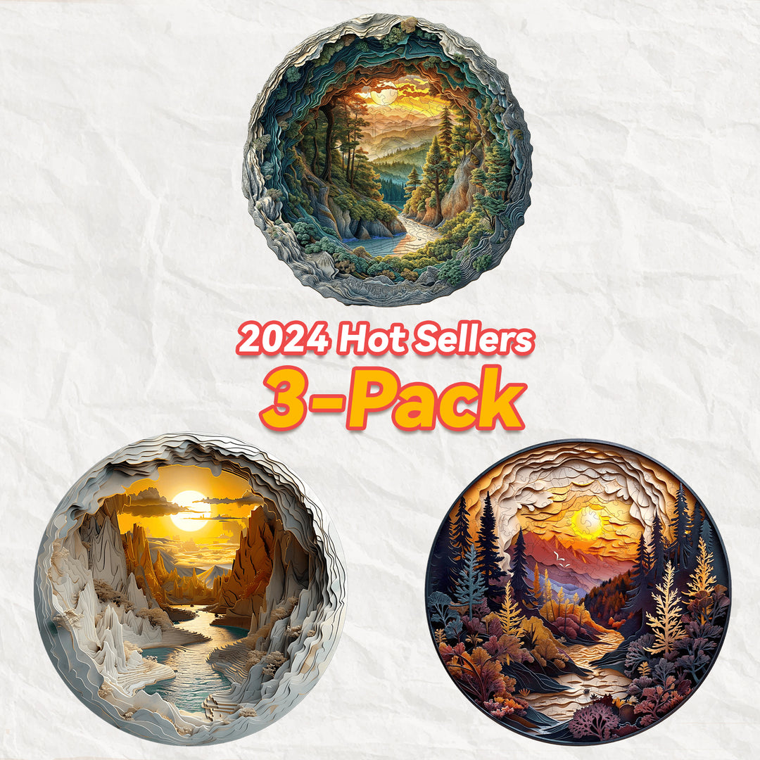 2024 Hot Sellers 3-Pack featuring three beautiful landscapes in circular paper art design.
