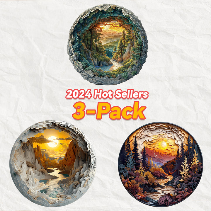 2024 Hot Sellers 3-Pack featuring three beautiful landscapes in circular paper art design.