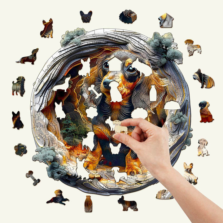 Hand assembling the 3D Dachshund-1 Wooden Jigsaw Puzzle with colorful, whimsical dog-shaped pieces.