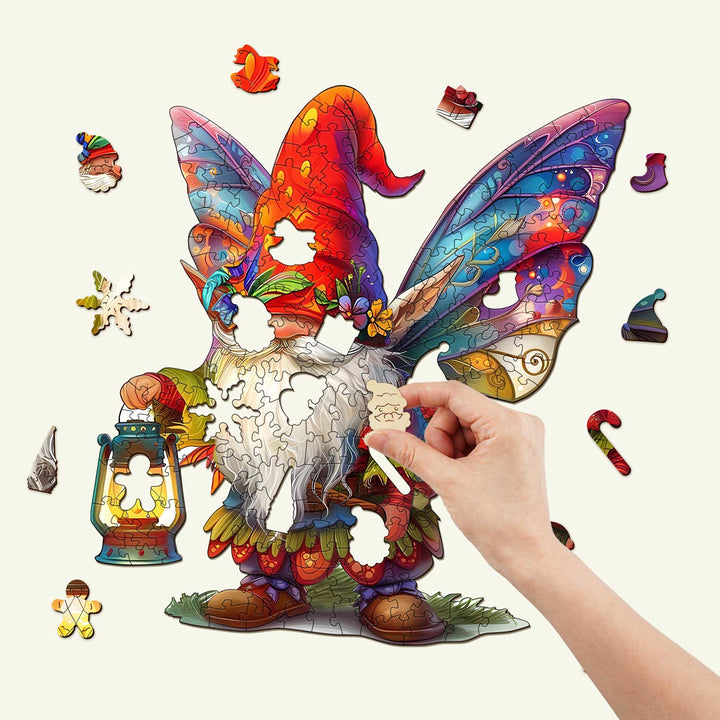 Colorful Christmas gnome wooden jigsaw puzzle with hand placing a piece, highlighting festive spirit and mind engagement.