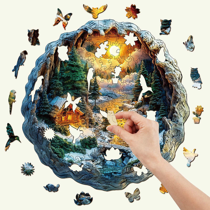 Hand placing a piece in a colorful 3D Winter Scene wooden jigsaw puzzle depicting a cabin among nature.
