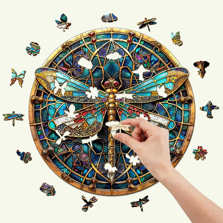 Vintage Dragonfly wooden jigsaw puzzle being assembled with colorful pieces and intricate design.