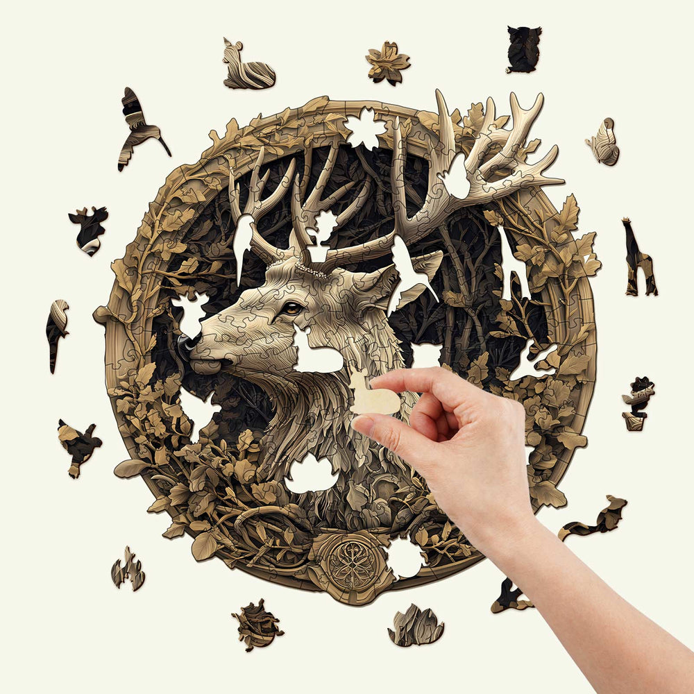 Person assembling a 3D wooden jigsaw puzzle featuring a majestic deer surrounded by intricate foliage.