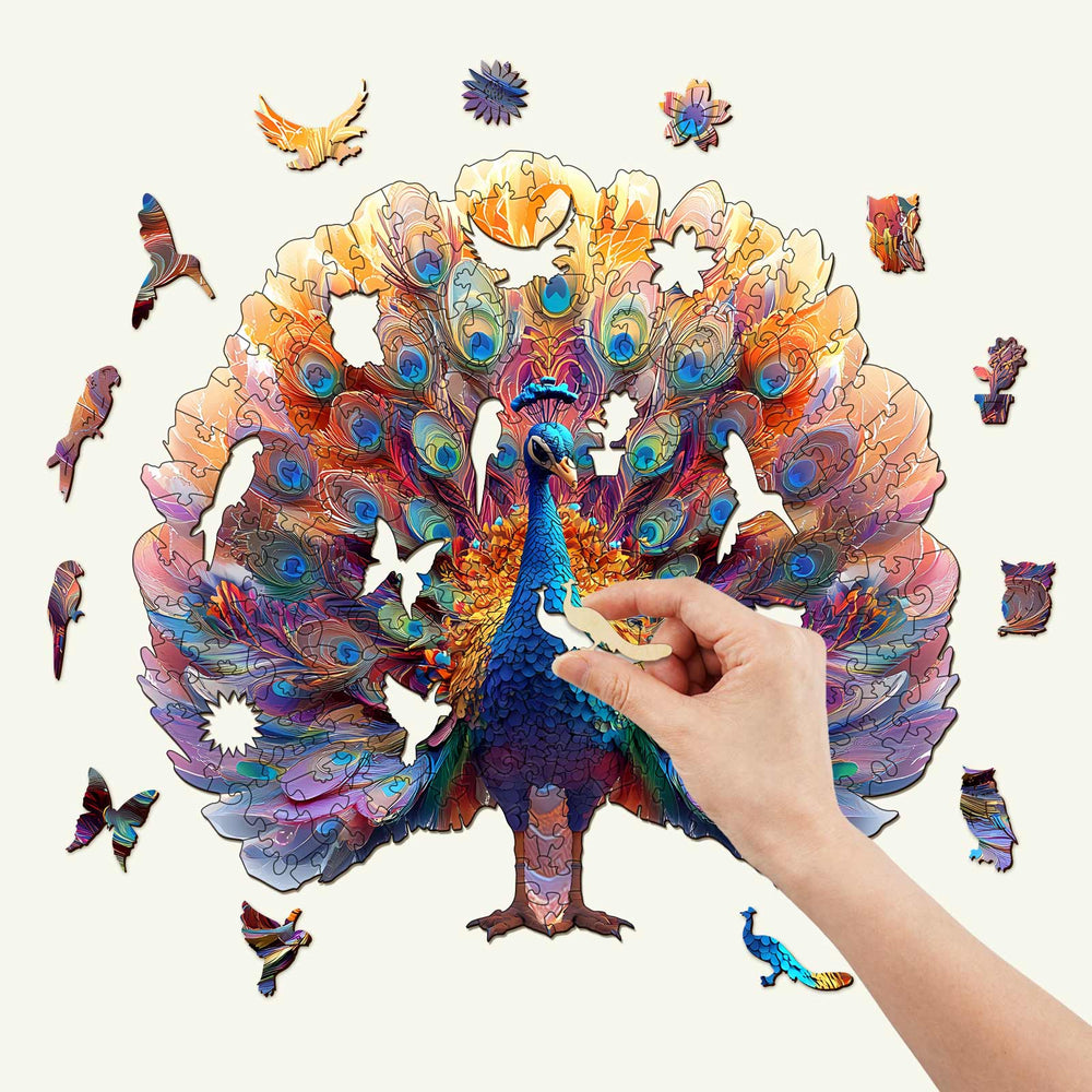 A colorful wooden jigsaw puzzle of a peacock with hand placing a piece, perfect for enhancing focus and smart gameplay.