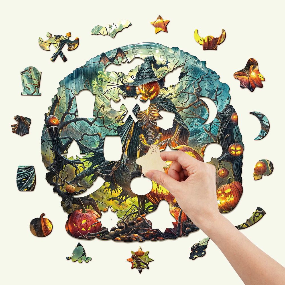 Halloween wooden jigsaw puzzle pieces being assembled, featuring a spooky witch and pumpkins, perfect for brain games.