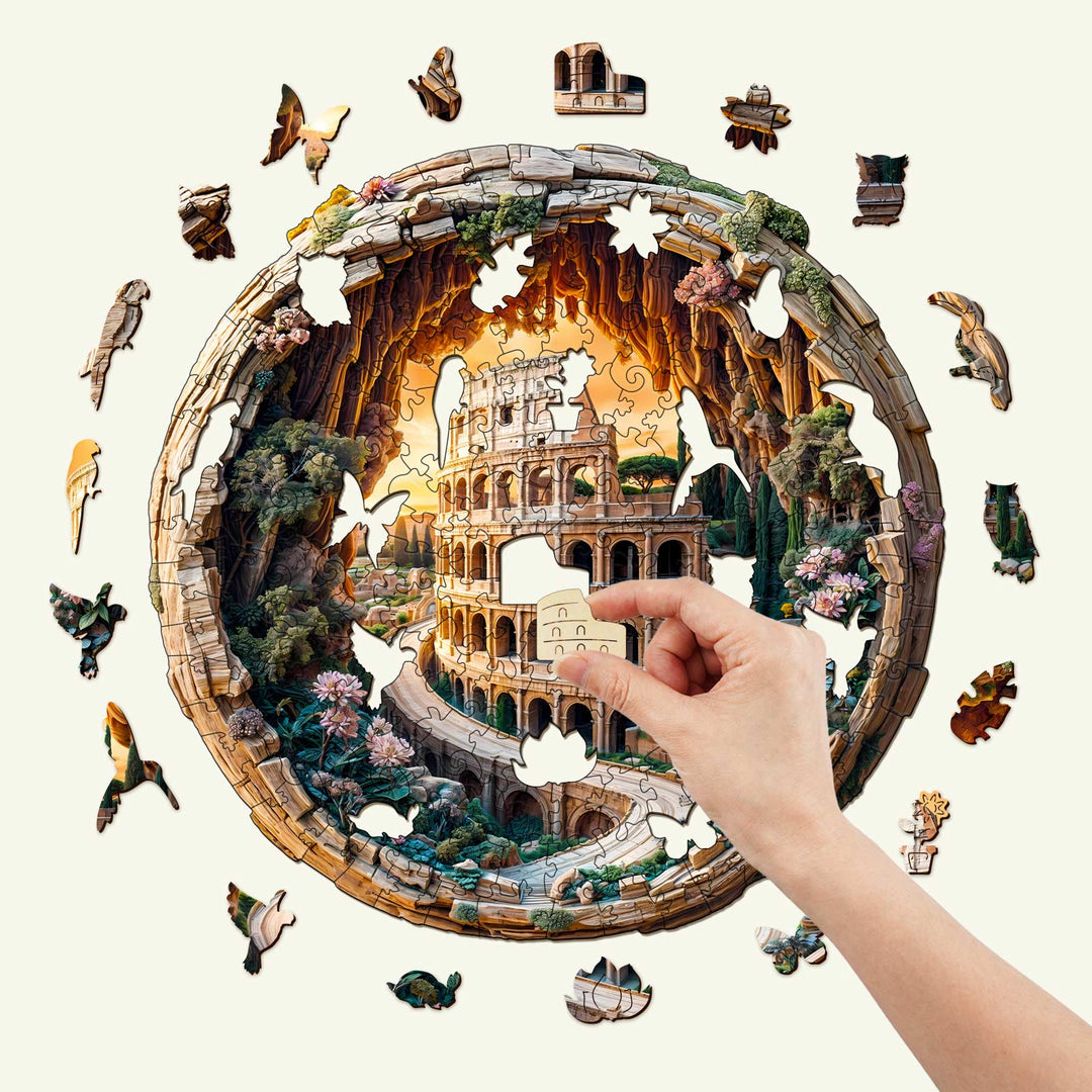 Person assembling a 3D Colosseum wooden jigsaw puzzle, showcasing colorful pieces and intricate design.