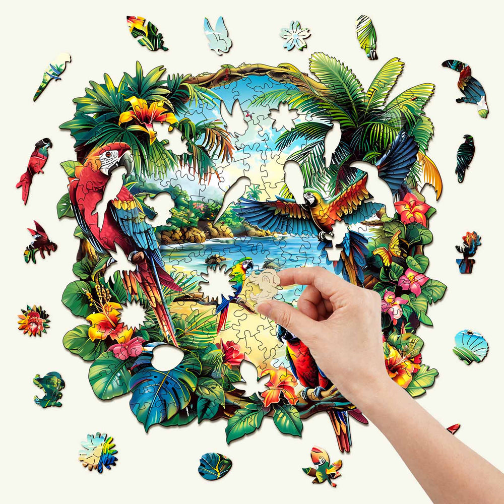 Tropical Parrot wooden jigsaw puzzle with colorful birds and lush foliage, showcasing interactive puzzle solving.