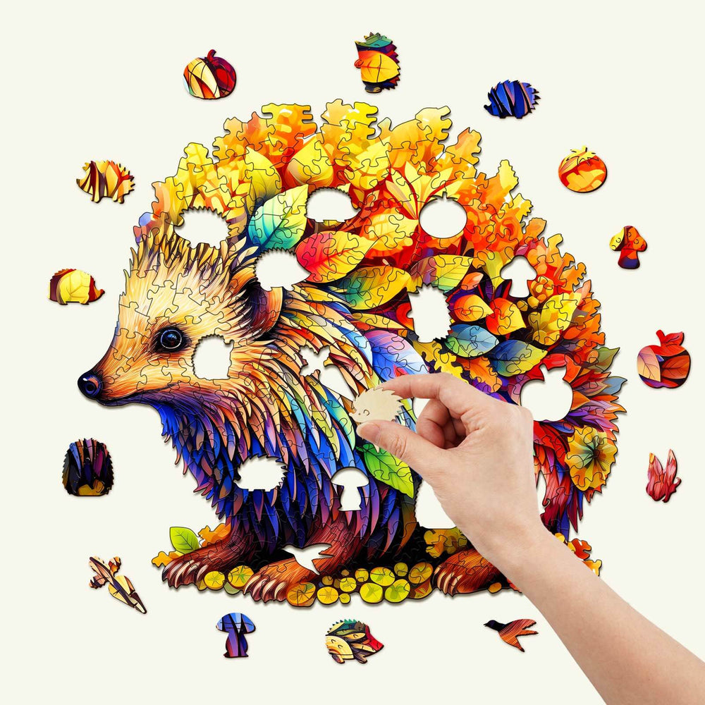 Clever Hedgehog wooden jigsaw puzzle with colorful leaves, designed for engaging mind games and problem-solving activities.