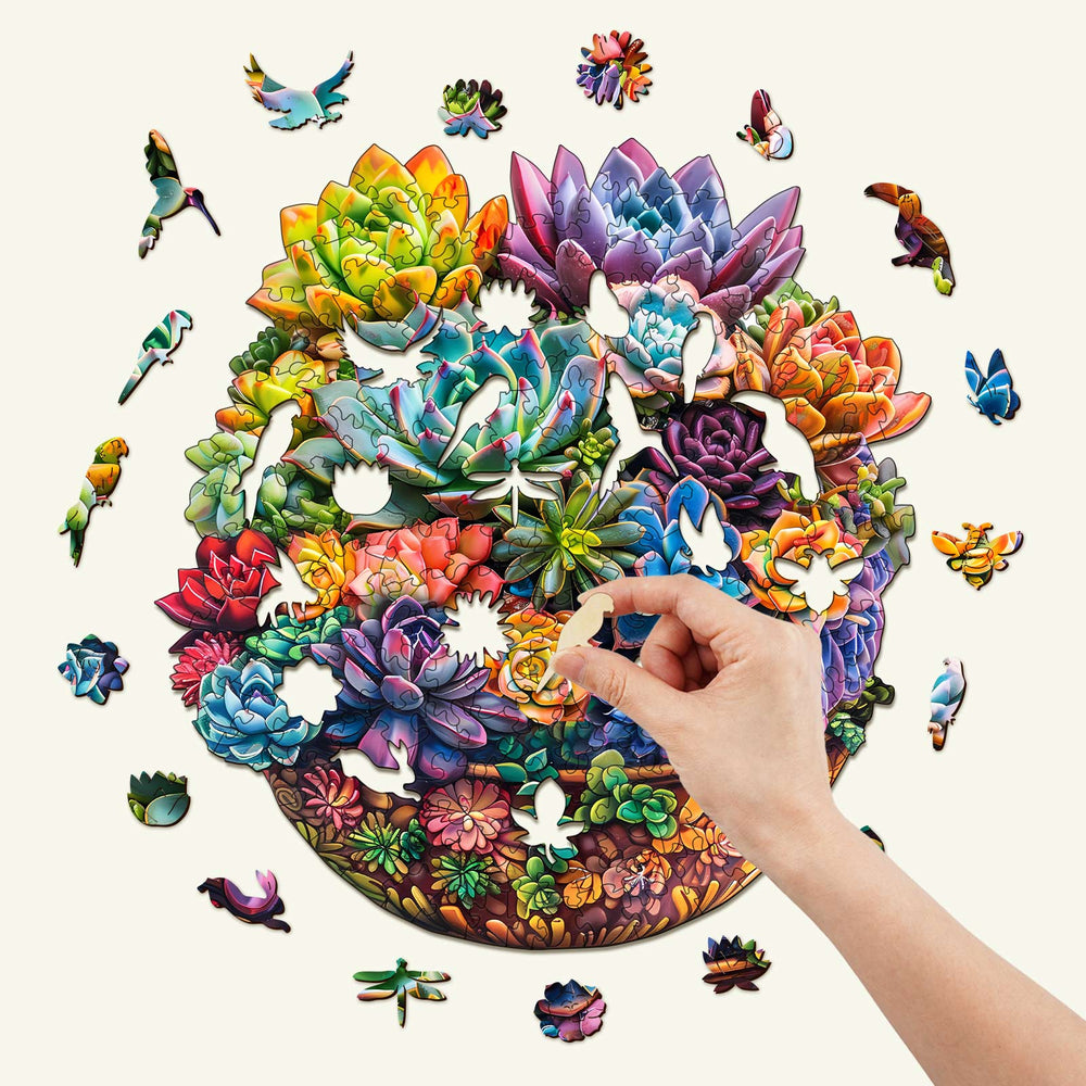 Colorful succulent pot jigsaw puzzle with hand placing piece, promoting focus and mind games for puzzle enthusiasts.