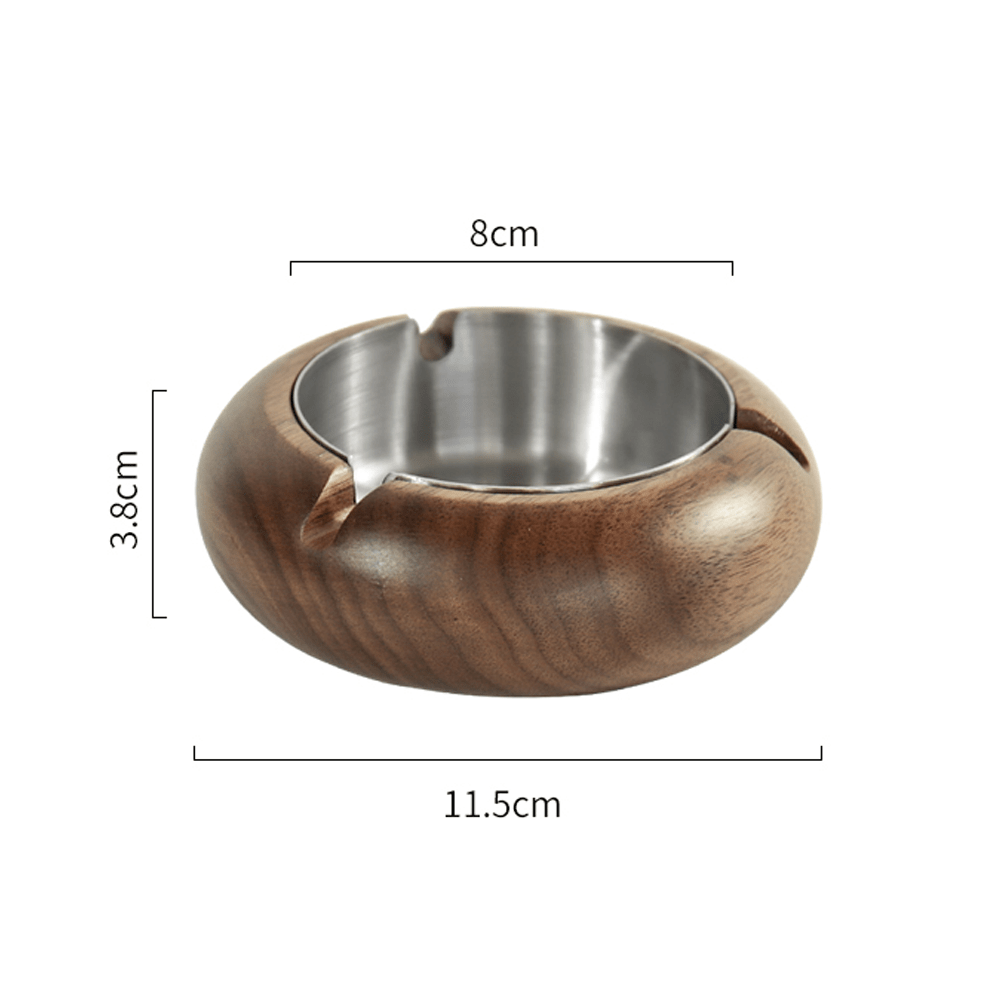 Round wooden ashtray with stainless steel liner, showcasing natural walnut texture, 11.5 cm diameter.