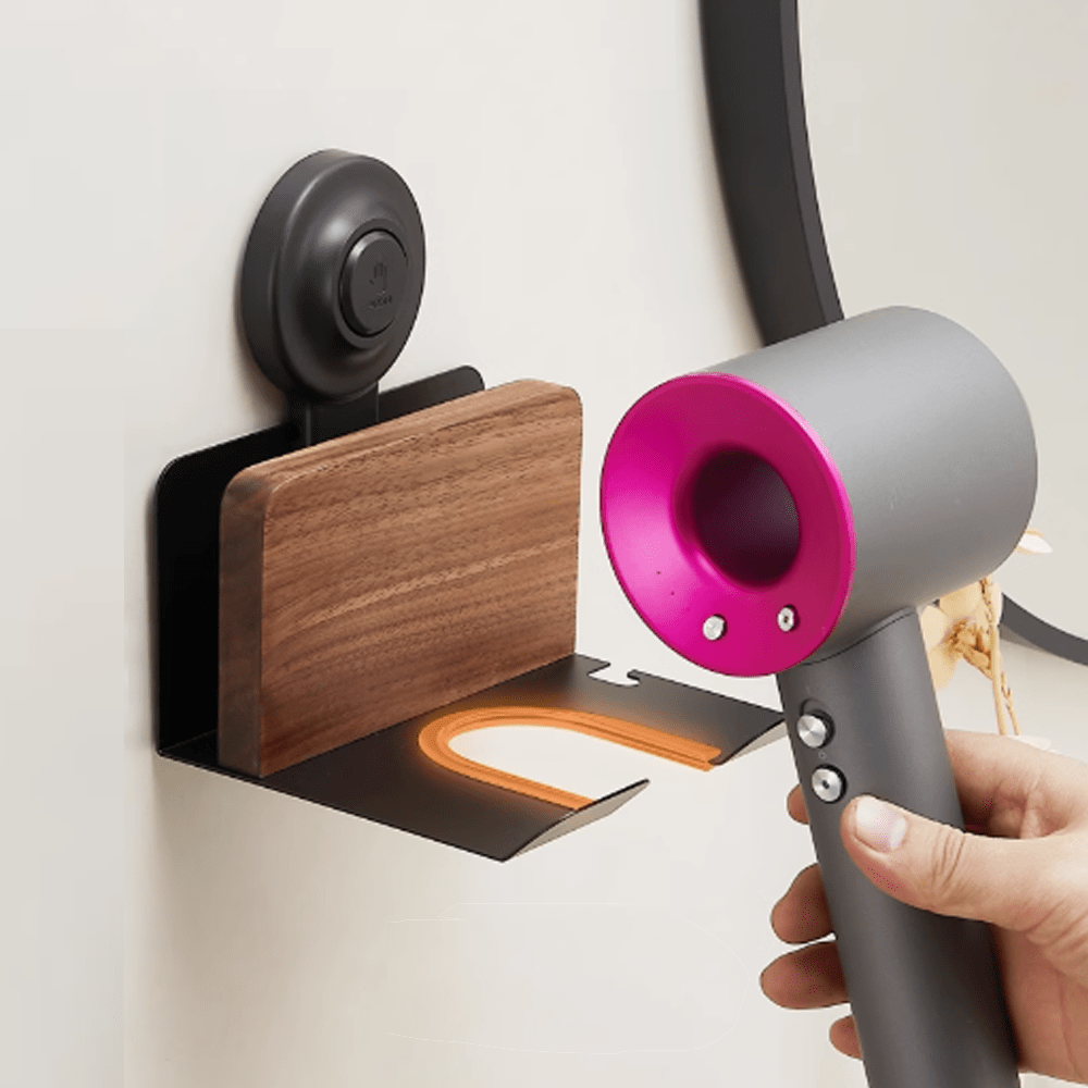 Suction cup Maillard walnut hair dryer stand showcasing natural wood and aluminum design for easy installation.