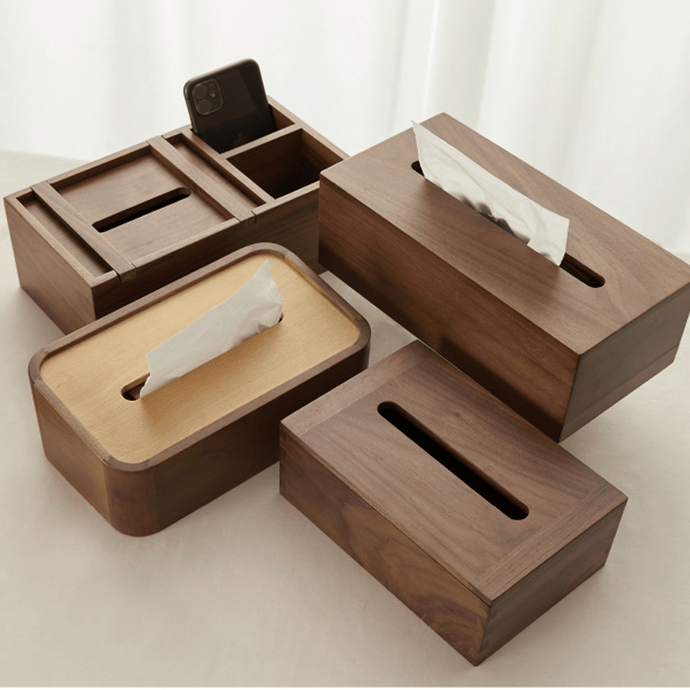 Wooden two-tone tissue boxes made of natural walnut wood, showcasing minimalist design and eco-friendly materials.