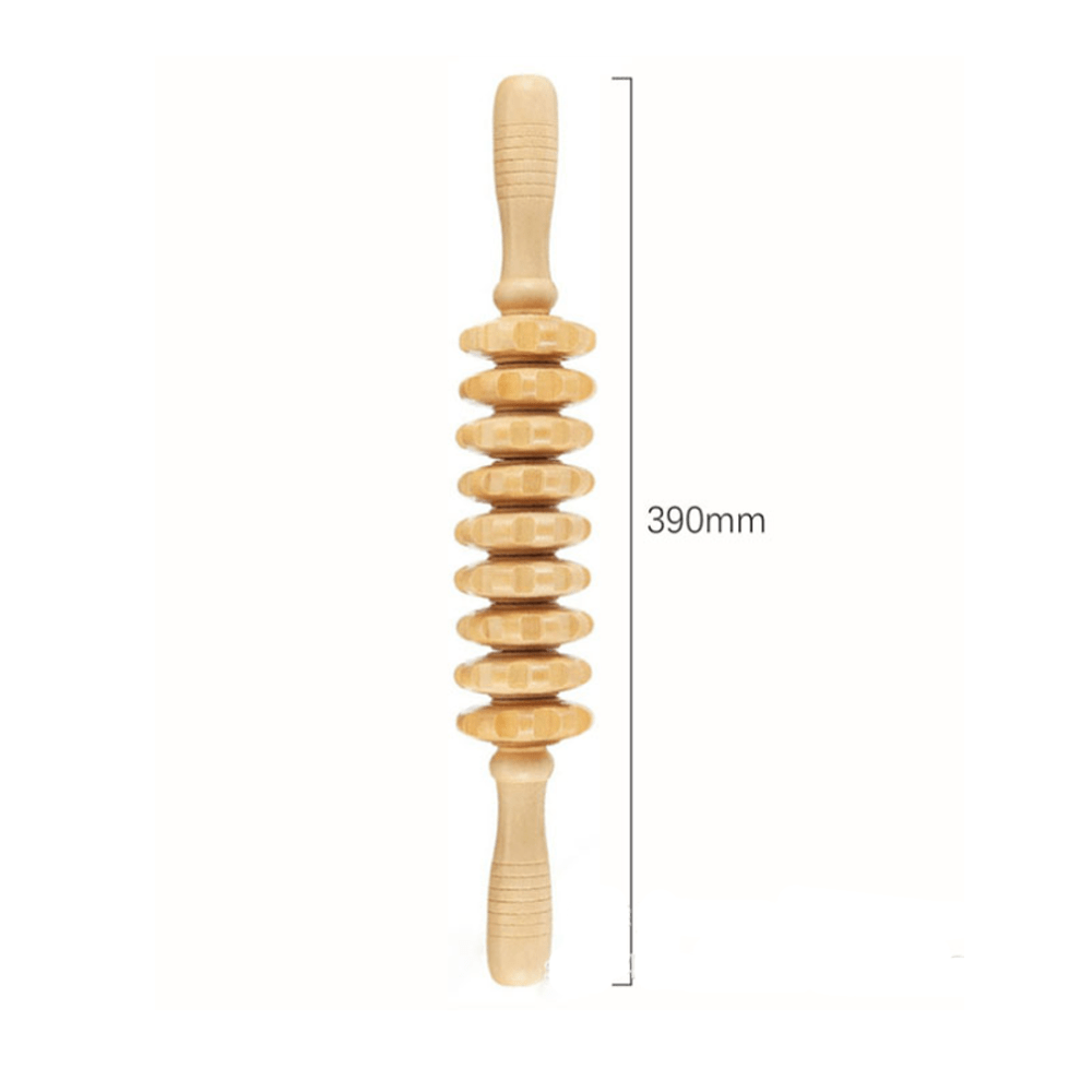 Wooden meridian massage stick, 390mm long, designed for promoting blood circulation and relieving stress.
