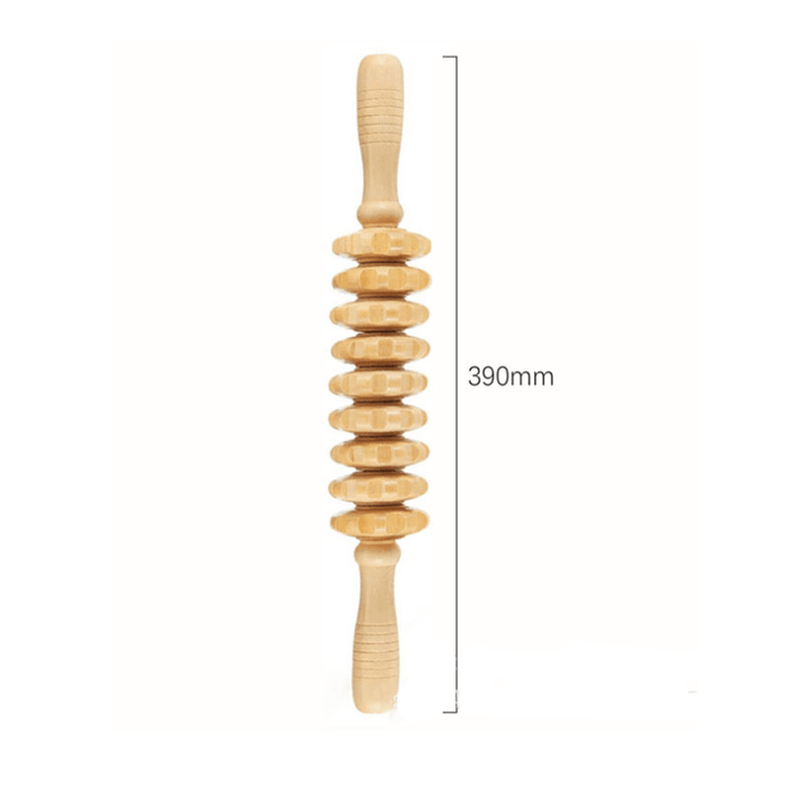 Wooden meridian massage stick, 390mm long, designed for promoting blood circulation and relieving stress.