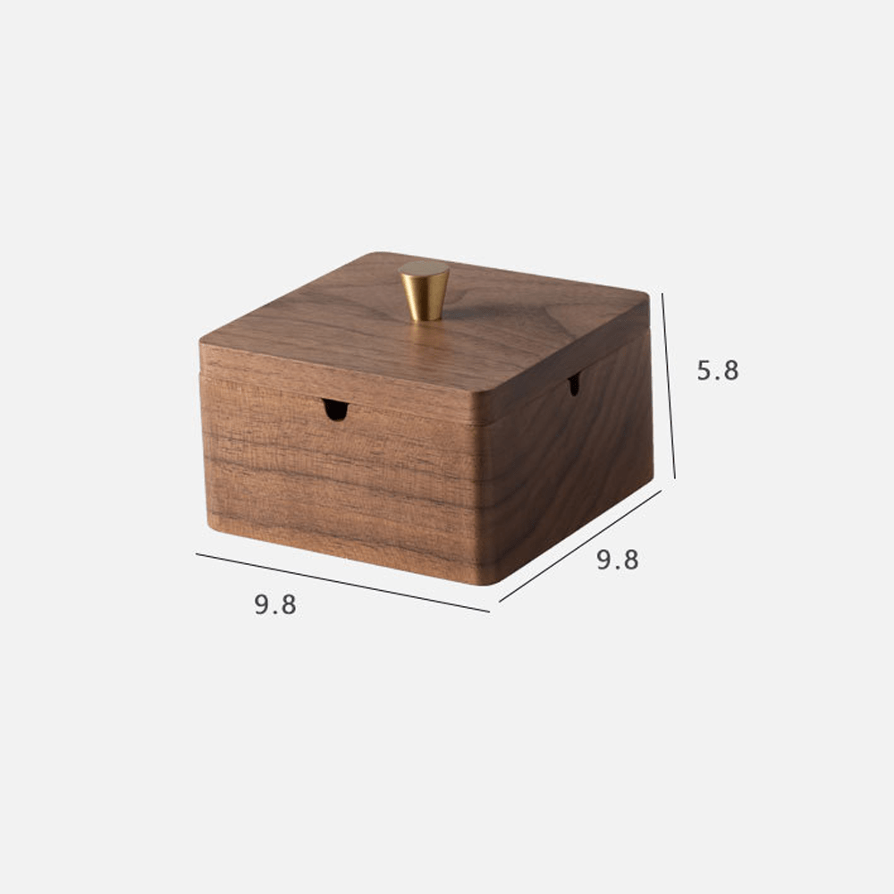 Square wooden ashtray made of walnut with stainless steel liner, dimensions 9.8 x 9.8 x 5.8 cm.