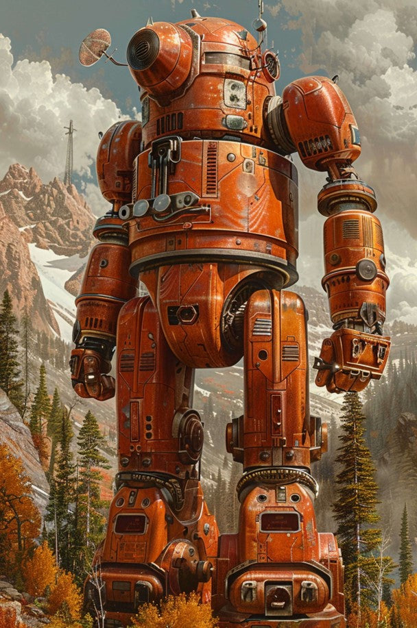 A large orange robotic figure standing among trees, with mountains in the background, showcasing a futuristic design.