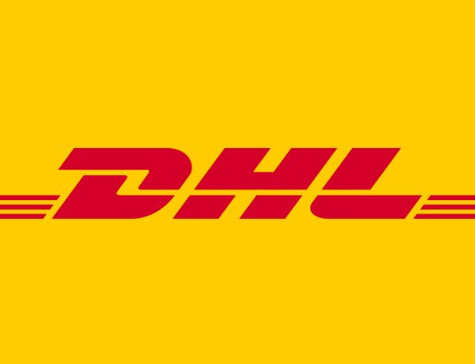 DHL logo on a yellow background representing international shipping services.