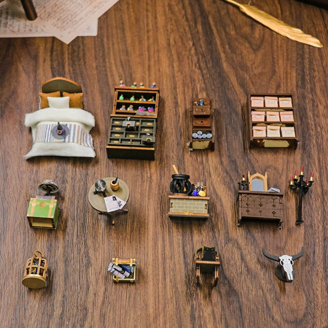 Detailed miniature furniture and accessories for a DIY book nook kit, showcasing a cozy and magical pharmacist theme.