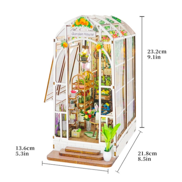 3D wooden puzzle of a garden house book nook kit showcasing detailed interior design and structure dimensions.