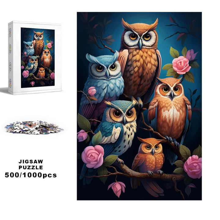 Colorful 500/1000 piece jigsaw puzzle featuring owls and roses, perfect for mind games and enhancing focus.