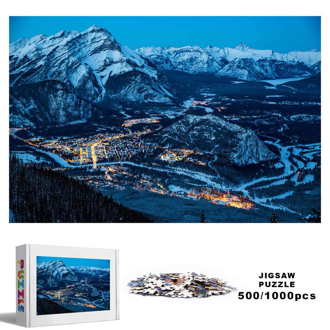 Winter Morning 500/1000 piece jigsaw puzzle featuring a stunning mountain landscape at dusk.